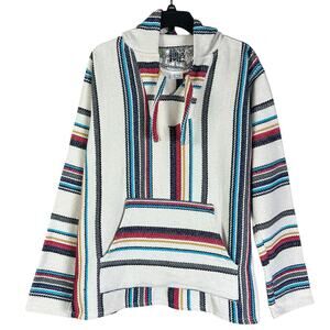 Original Senor Lopez Baja Hoodie Men Size L White Blue Striped Pullover Sweater